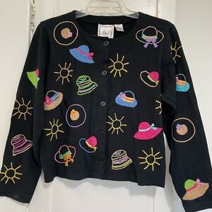 Michael Simon Black Cardigan with Colorful sun, hat, purse Embroidery size small